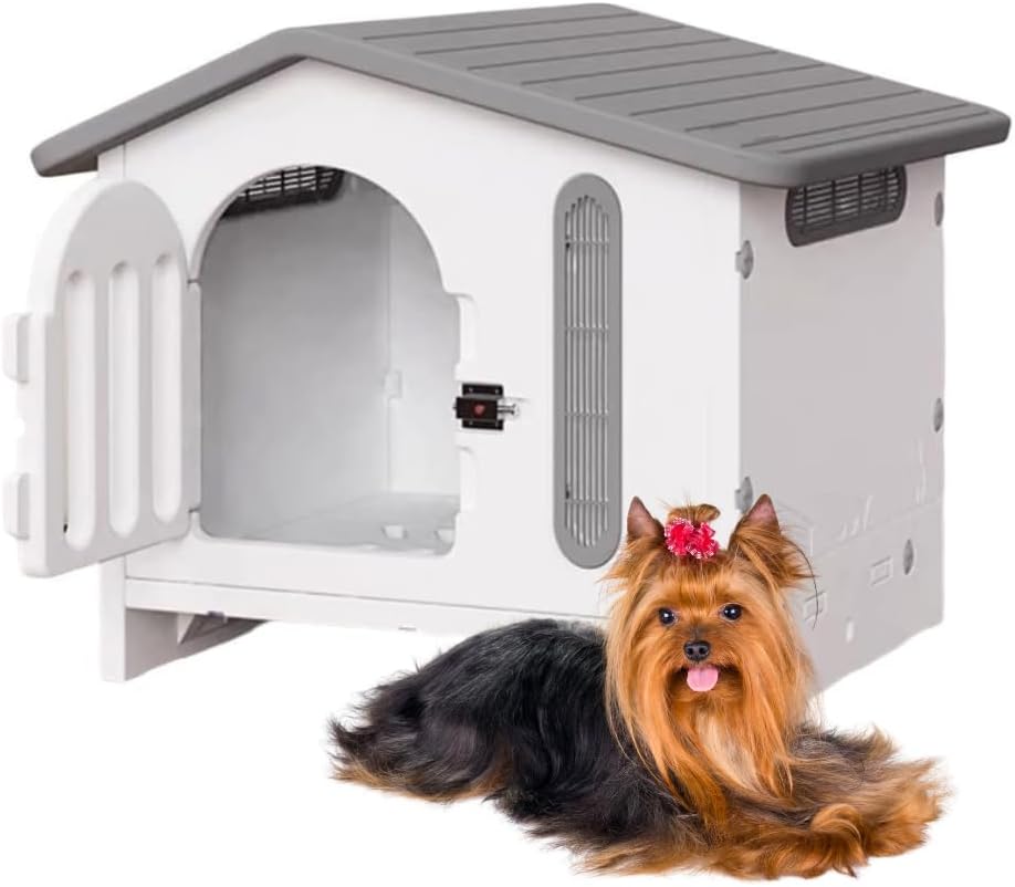 Q PERRON Casa Premium Amplia para Perro Raza Pequeña Termoplastica Invierno Verano Otoño Exterior Termica Impermeblae Cute White