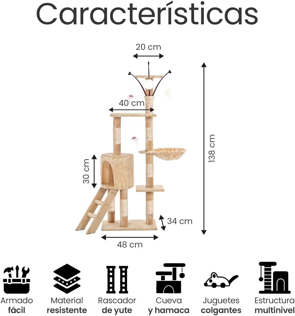 Raganet, Árbol Trepador y Rascador para Gatos, Torre de Actividades de Varios Niveles, Castillo con Escaleras, Hamaca, Cubiertas de Felpa, Seguro y Duradero de 140cm Alto X 50cm Largo (Color Beige)