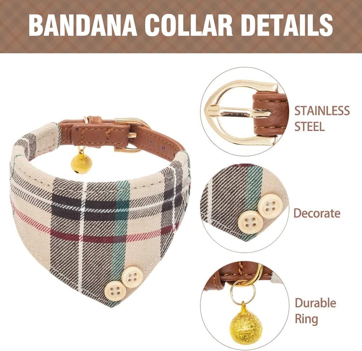 Juego de collar y correa para perros pequeños, collar de correa para cachorros, diseño clásico a cuadros, tamaño ajustable con campana dorada, perfecto para razas pequeñas y niños
