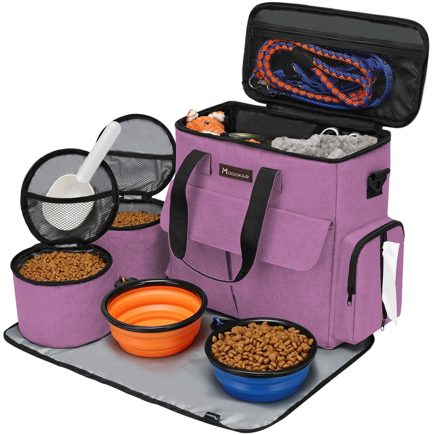 Modoker - Bolsa de viaje para perro, juego de viaje para perros y gatos para fin de semana, bolsa organizadora con bolsillos multifuncionales (gris)