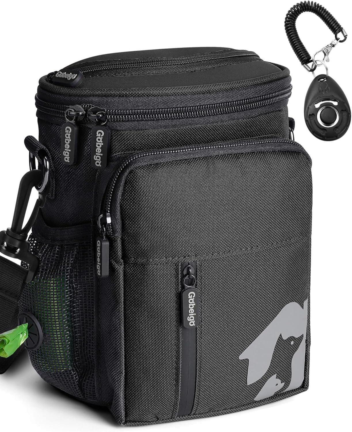 Gobeigo - Bolsa de regalo para perros de 8 tazas y clicker de entrenamiento, bolsa para caminar para perros con soporte para teléfono, dispensador de bolsas de caca integrado, paquete de 3 maneras de