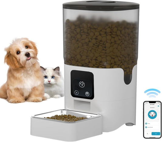 SOYTO Dispensador de Alimento,6L Comedero Automático para Perro con Control App,Alimentador Automatico Mascota con Temporizador con Doble Bol de Acero Inoxidable,Desmontable para una fácil Limpieza.