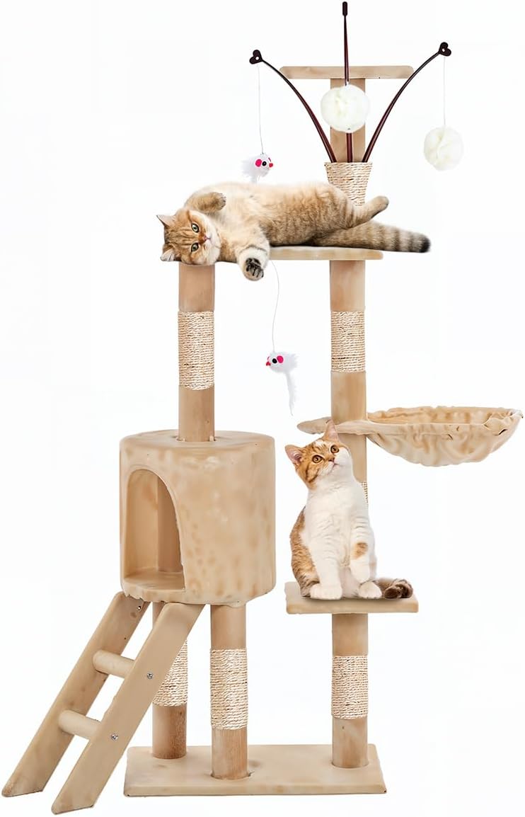 Raganet, Árbol Trepador y Rascador para Gatos, Torre de Actividades de Varios Niveles, Castillo con Escaleras, Hamaca, Cubiertas de Felpa, Seguro y Duradero de 140cm Alto X 50cm Largo (Color Beige)