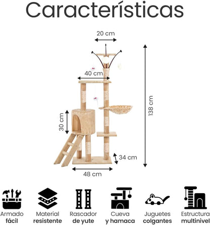 Raganet, Árbol Trepador y Rascador para Gatos, Torre de Actividades de Varios Niveles, Castillo con Escaleras, Hamaca, Cubiertas de Felpa, Seguro y Duradero de 140cm Alto X 50cm Largo (Color Beige)
