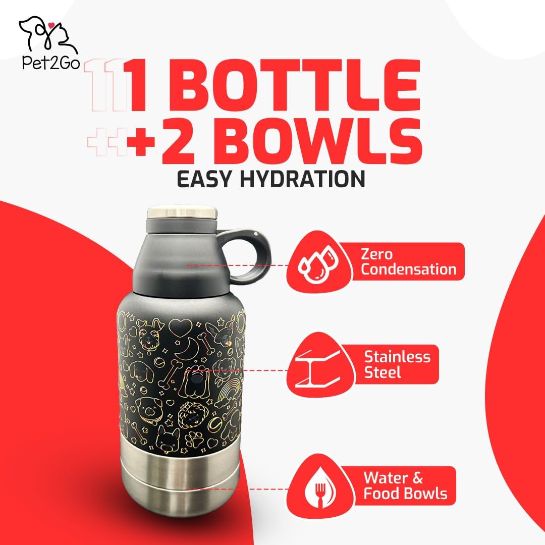 Lo mas bonito para tu cachorro.Pet2Go Botella de agua para mascotas para viaje 32 Oz + bolsa protectora, Tazones portatiles enroscables, Kit dispensador de Hidratacion para paseos con mascotas(dorado)