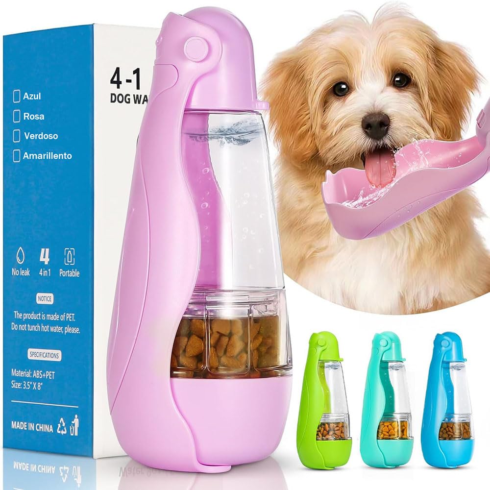 Botella de Agua para Perros, Botella de Agua Portátil Plegable Mascotas, Dispensador Agua Cachorros a Prueba Fugas con Alimentador Mascotas Caminar al Aire Libre, Senderismo Viajes (R-M-550ML)