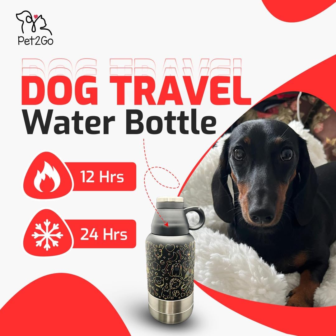 Lo mas bonito para tu cachorro.Pet2Go Botella de agua para mascotas para viaje 32 Oz + bolsa protectora, Tazones portatiles enroscables, Kit dispensador de Hidratacion para paseos con mascotas(dorado)