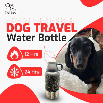 Lo mas bonito para tu cachorro.Pet2Go Botella de agua para mascotas para viaje 32 Oz + bolsa protectora, Tazones portatiles enroscables, Kit dispensador de Hidratacion para paseos con mascotas(dorado)