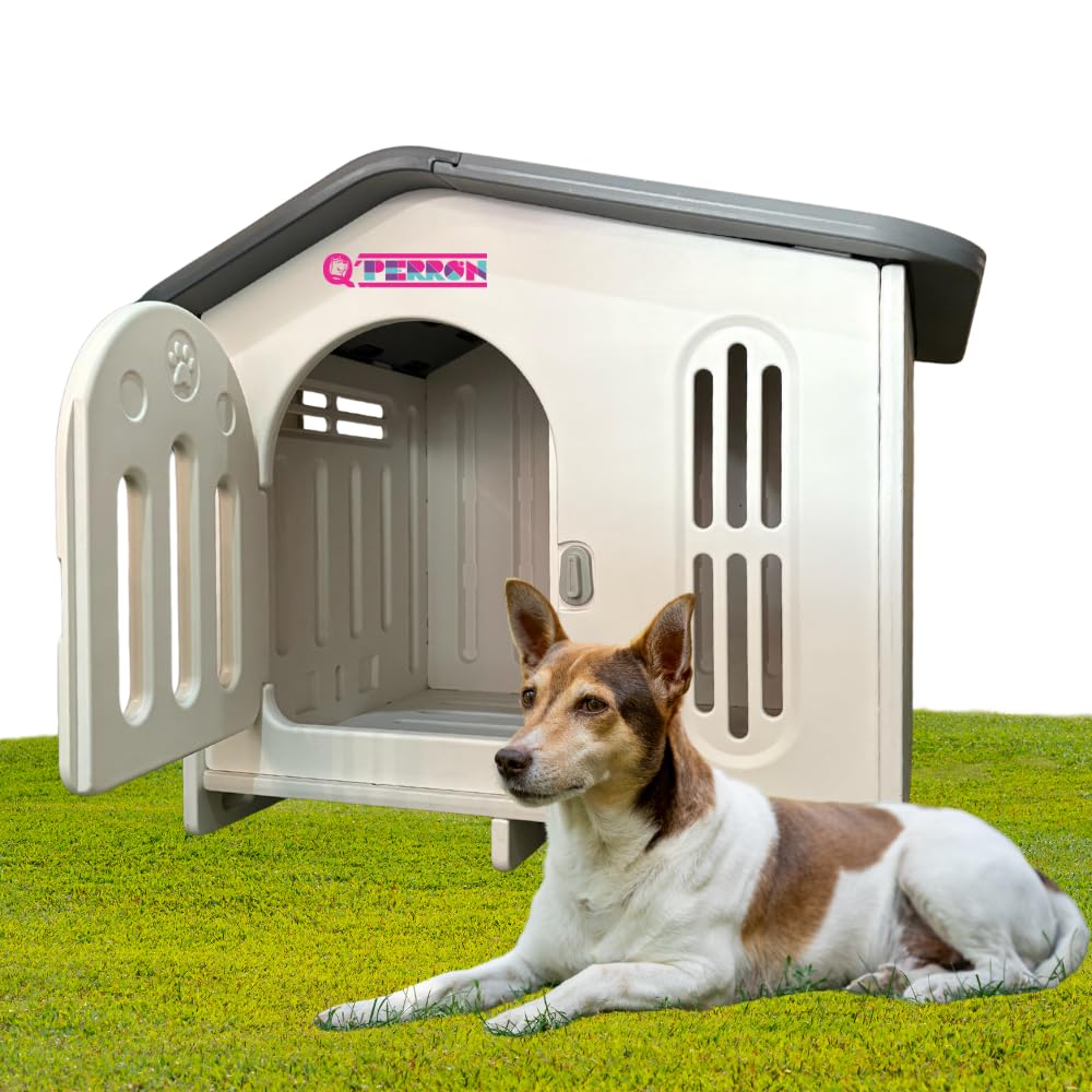 Q PERRON Casa Premium Amplia para Perro Raza Pequeña Termoplastica Invierno Verano Otoño Exterior Termica Impermeblae Cute White