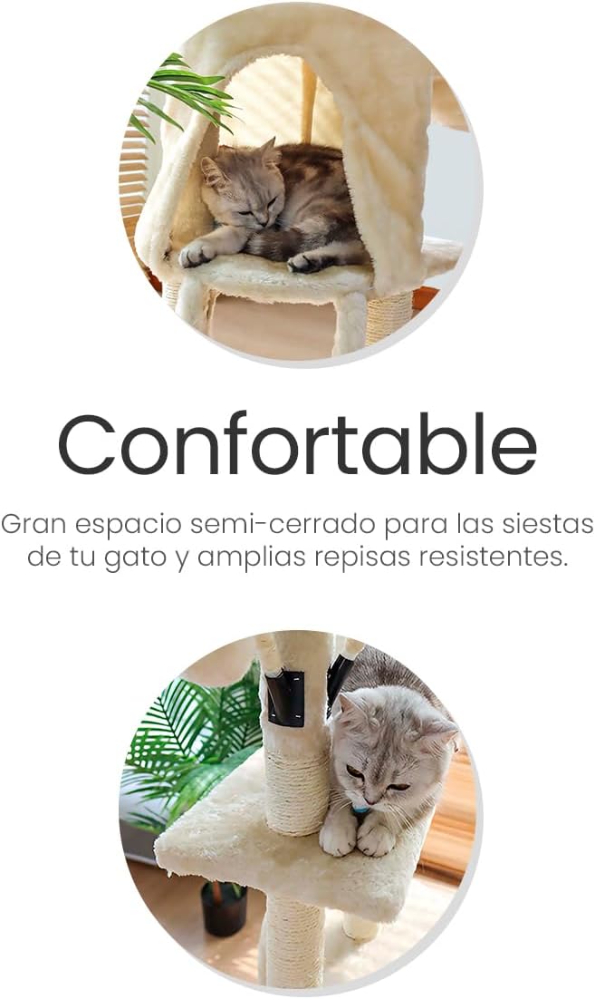 Raganet, Árbol Trepador y Rascador para Gatos, Torre de Actividades de Varios Niveles, Castillo con Escaleras, Hamaca, Cubiertas de Felpa, Seguro y Duradero de 140cm Alto X 50cm Largo (Color Beige)