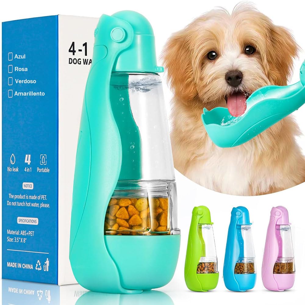 Botella de Agua para Perros, Botella de Agua Portátil Plegable Mascotas, Dispensador Agua Cachorros a Prueba Fugas con Alimentador Mascotas Caminar al Aire Libre, Senderismo Viajes (R-M-550ML)