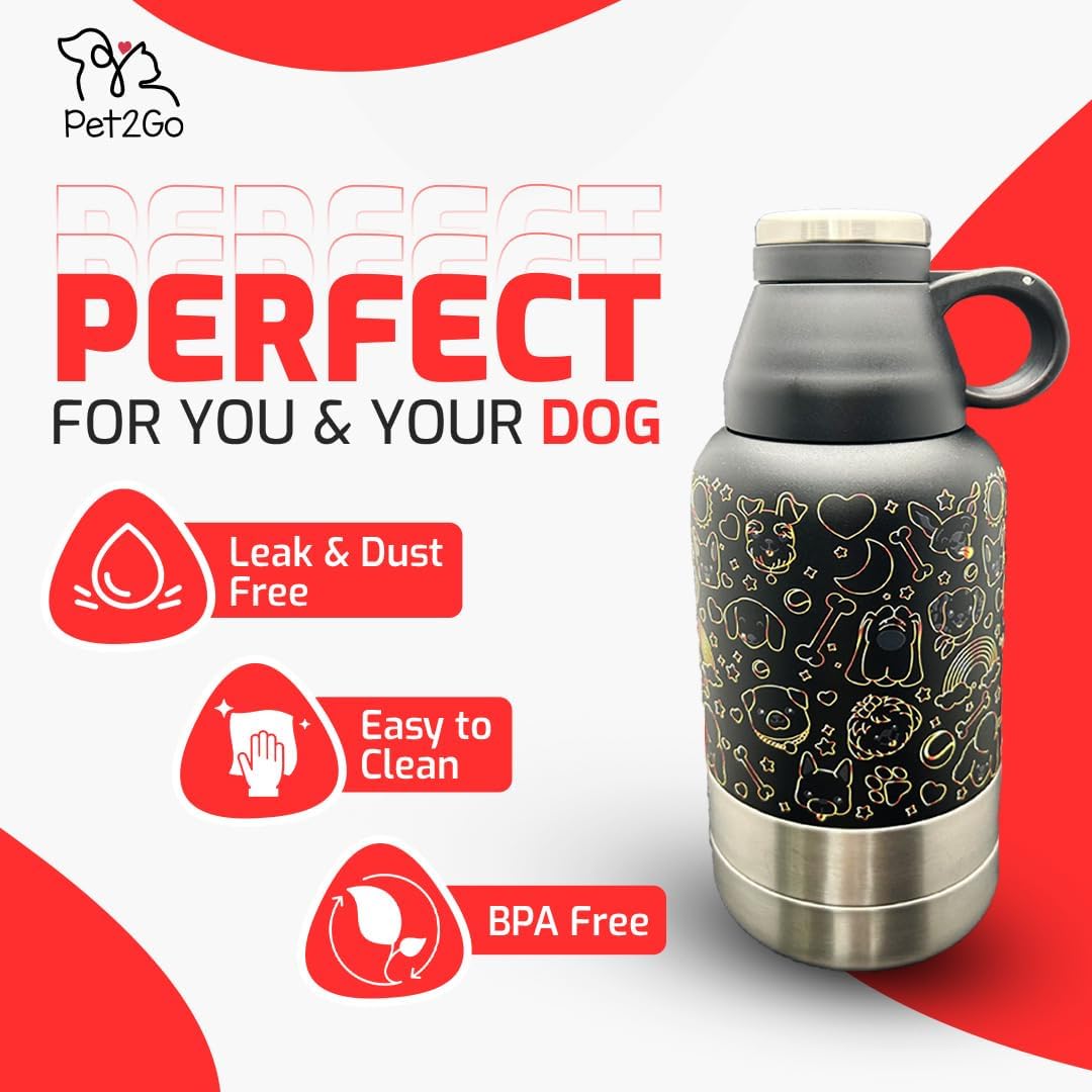 Lo mas bonito para tu cachorro.Pet2Go Botella de agua para mascotas para viaje 32 Oz + bolsa protectora, Tazones portatiles enroscables, Kit dispensador de Hidratacion para paseos con mascotas(dorado)