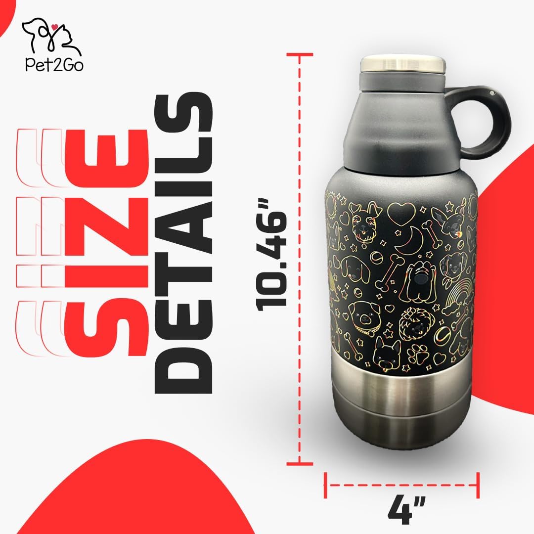 Lo mas bonito para tu cachorro.Pet2Go Botella de agua para mascotas para viaje 32 Oz + bolsa protectora, Tazones portatiles enroscables, Kit dispensador de Hidratacion para paseos con mascotas(dorado)