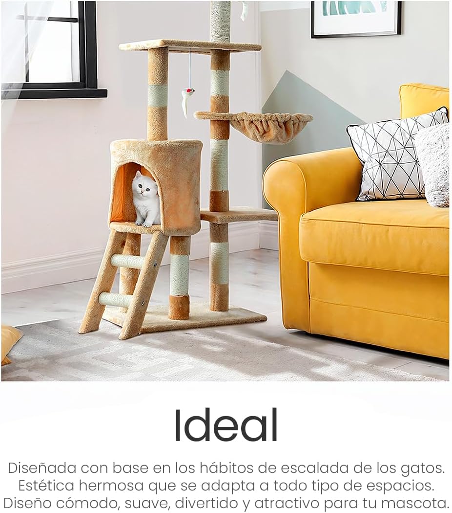 Raganet, Árbol Trepador y Rascador para Gatos, Torre de Actividades de Varios Niveles, Castillo con Escaleras, Hamaca, Cubiertas de Felpa, Seguro y Duradero de 140cm Alto X 50cm Largo (Color Beige)