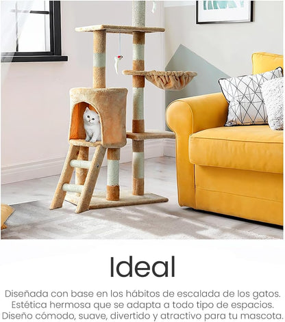 Raganet, Árbol Trepador y Rascador para Gatos, Torre de Actividades de Varios Niveles, Castillo con Escaleras, Hamaca, Cubiertas de Felpa, Seguro y Duradero de 140cm Alto X 50cm Largo (Color Beige)