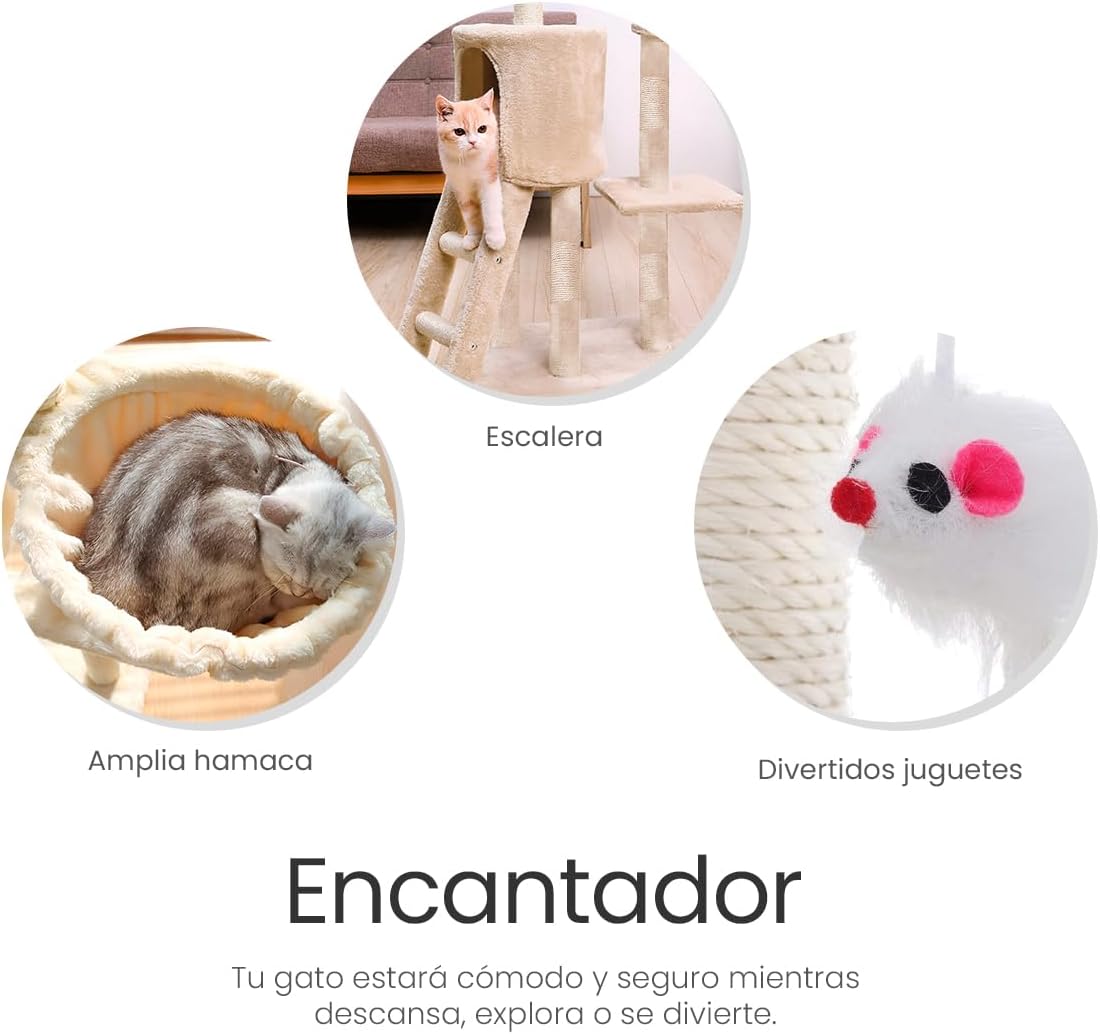 Raganet, Árbol Trepador y Rascador para Gatos, Torre de Actividades de Varios Niveles, Castillo con Escaleras, Hamaca, Cubiertas de Felpa, Seguro y Duradero de 140cm Alto X 50cm Largo (Color Beige)