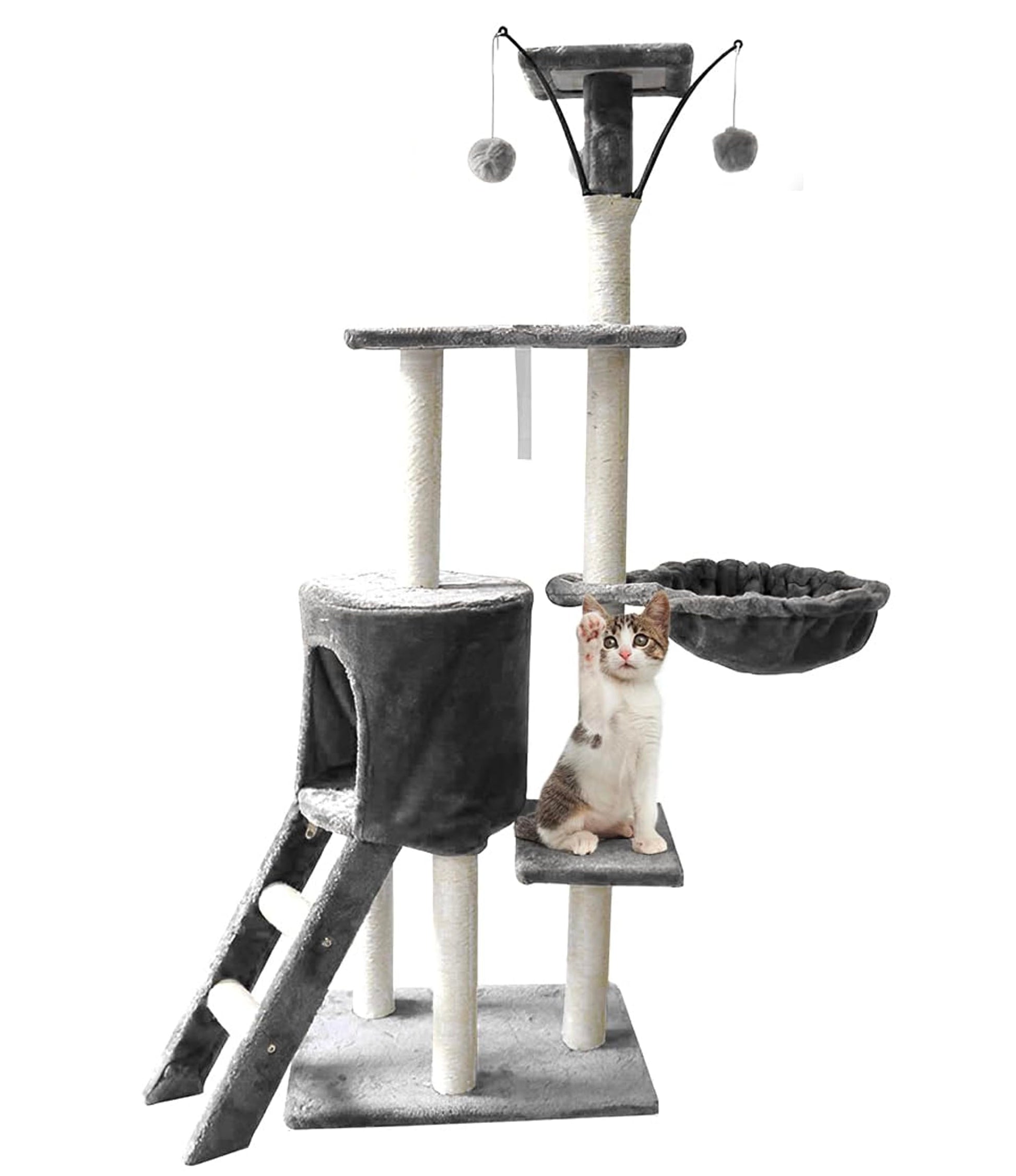 Raganet, Árbol Trepador y Rascador para Gatos, Torre de Actividades de Varios Niveles, Castillo con Escaleras, Hamaca, Cubiertas de Felpa, Seguro y Duradero de 140cm Alto X 50cm Largo (Color Beige)