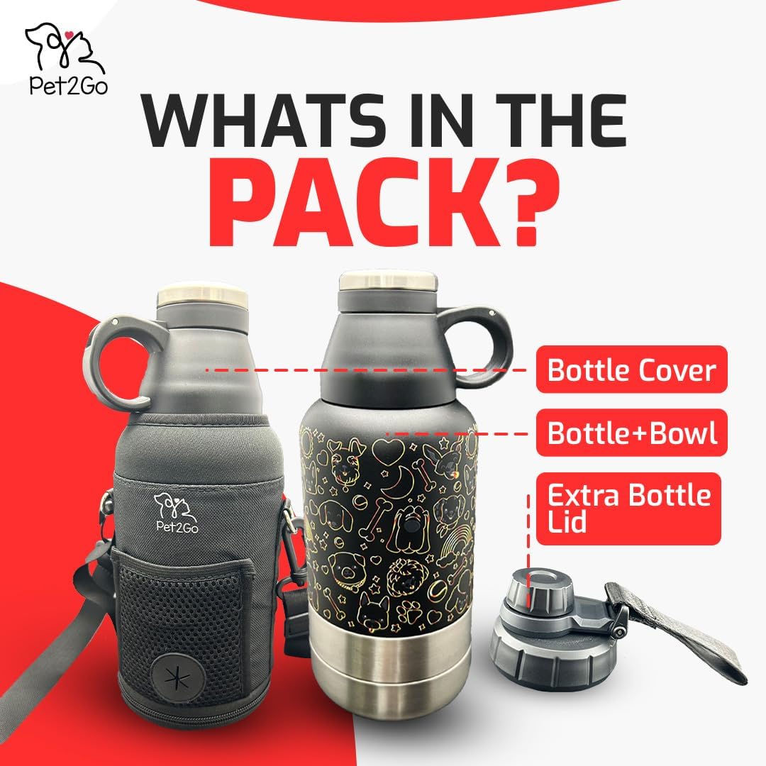 Lo mas bonito para tu cachorro.Pet2Go Botella de agua para mascotas para viaje 32 Oz + bolsa protectora, Tazones portatiles enroscables, Kit dispensador de Hidratacion para paseos con mascotas(dorado)