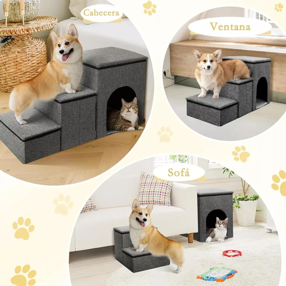 NOVAKA Escaleras para Mascotas de 3 Niveles con Rascador, Antideslizante con Almacenamiento, Robusta y Transpirable, Plegable para Gatos, Perros Mayores y con Movilidad Reducida