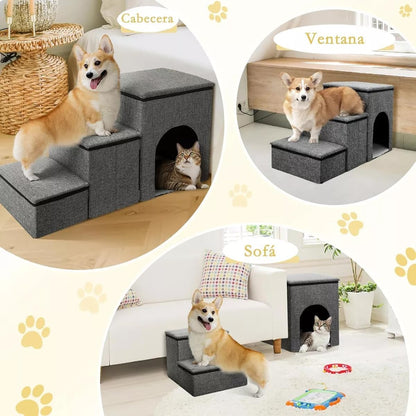 NOVAKA Escaleras para Mascotas de 3 Niveles con Rascador, Antideslizante con Almacenamiento, Robusta y Transpirable, Plegable para Gatos, Perros Mayores y con Movilidad Reducida