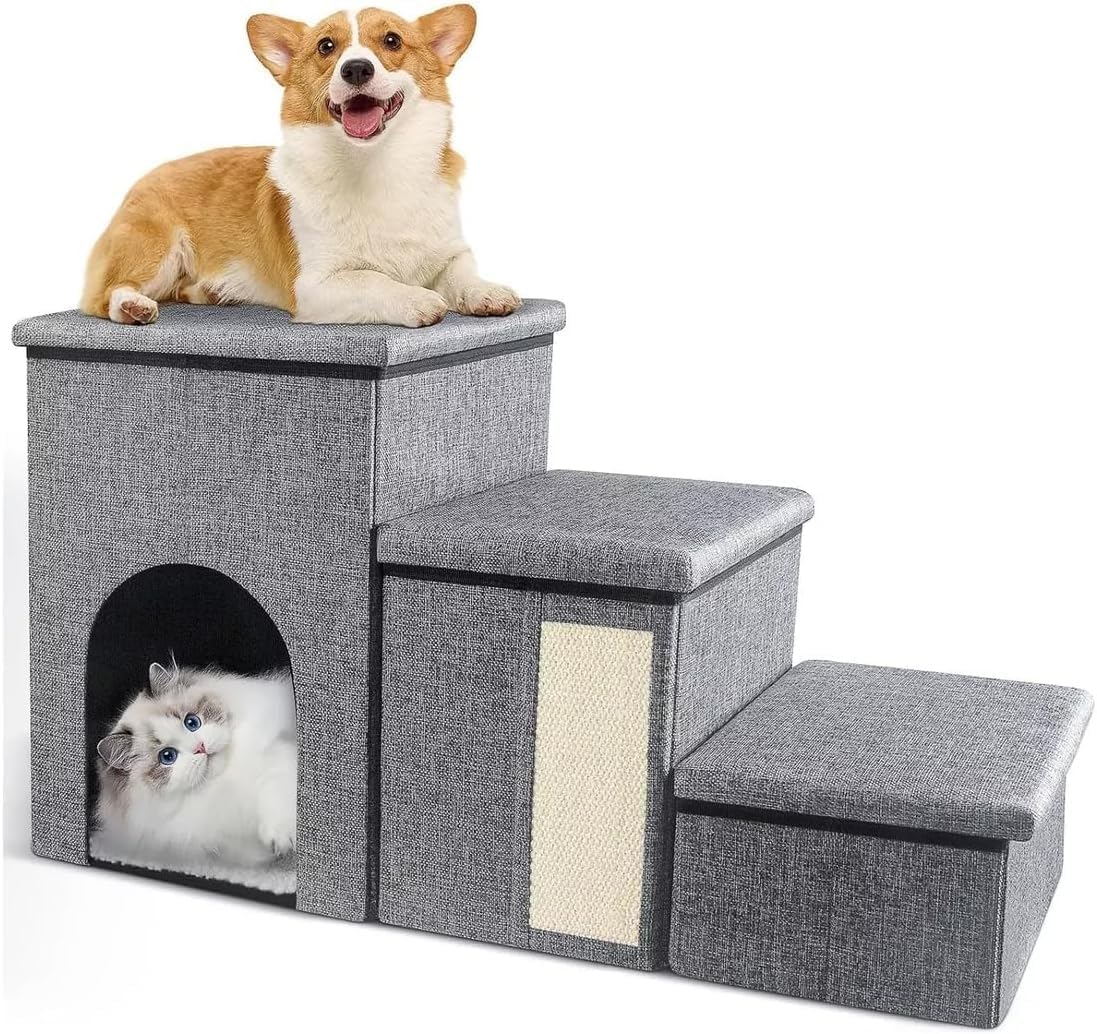 NOVAKA Escaleras para Mascotas de 3 Niveles con Rascador, Antideslizante con Almacenamiento, Robusta y Transpirable, Plegable para Gatos, Perros Mayores y con Movilidad Reducida