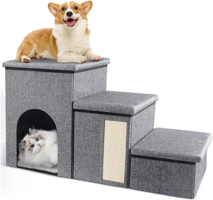 NOVAKA Escaleras para Mascotas de 3 Niveles con Rascador, Antideslizante con Almacenamiento, Robusta y Transpirable, Plegable para Gatos, Perros Mayores y con Movilidad Reducida