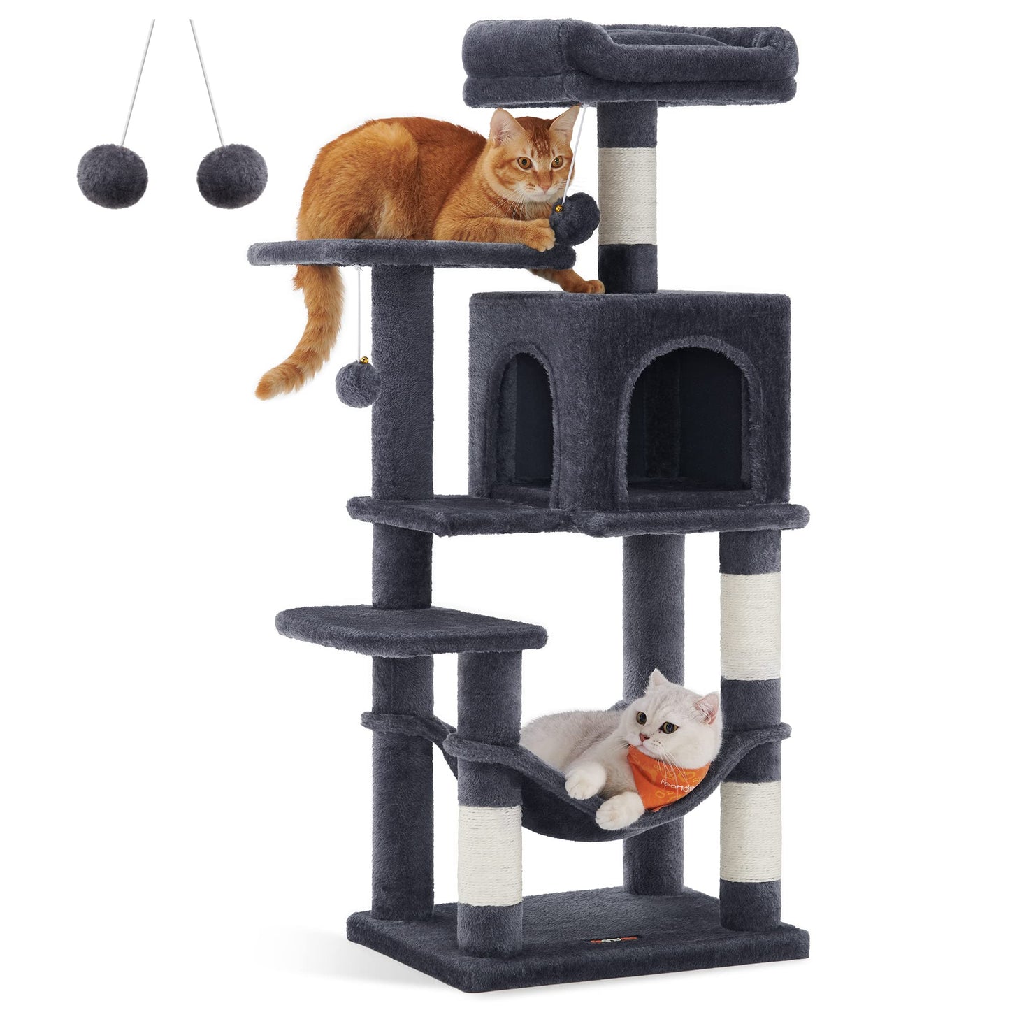 Feandrea Árbol para Gatos, Torre de Gatos, Altura 112 cm, 4 Postes, 2 Plataformas, 1 Cueva, 1 Hamaca, 2 Pompones, Gris Claro MPCT261W01