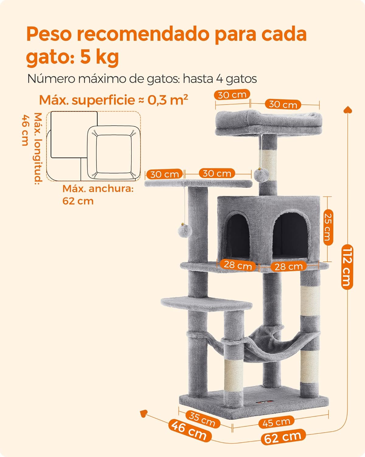 Feandrea Árbol para Gatos, Torre de Gatos, Altura 112 cm, 4 Postes, 2 Plataformas, 1 Cueva, 1 Hamaca, 2 Pompones, Gris Claro MPCT261W01