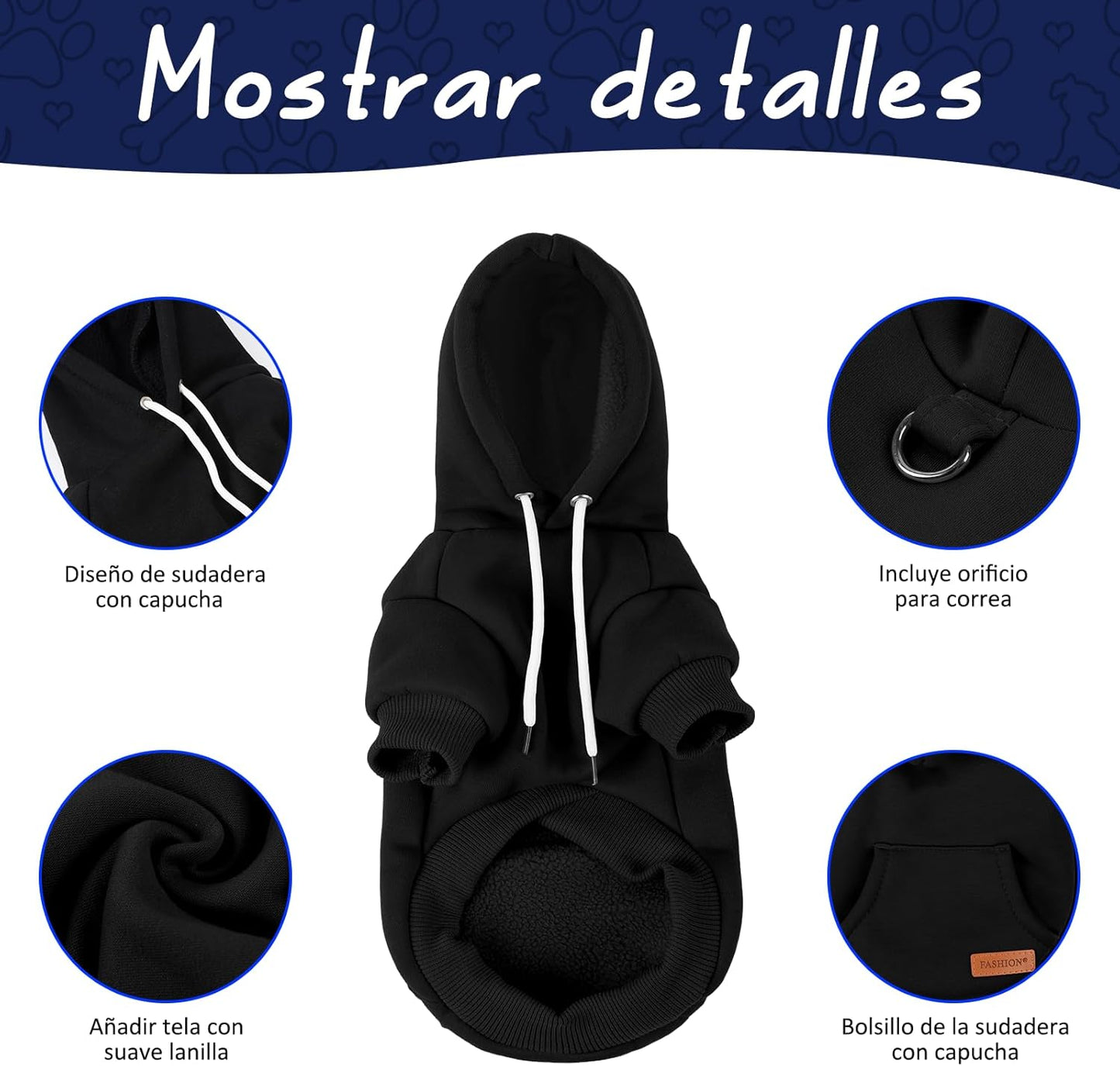 Suéter para Perro de Invierno, Sudadera con Capucha para Mascotas, Elegante Sudadera con Capucha y Lazo para la Correa, para Perros pequeños y medianos, Gatos en Clima Frío (Negro, Large)