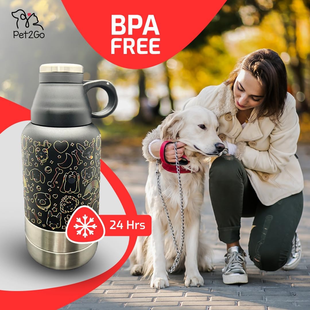 Lo mas bonito para tu cachorro.Pet2Go Botella de agua para mascotas para viaje 32 Oz + bolsa protectora, Tazones portatiles enroscables, Kit dispensador de Hidratacion para paseos con mascotas(dorado)