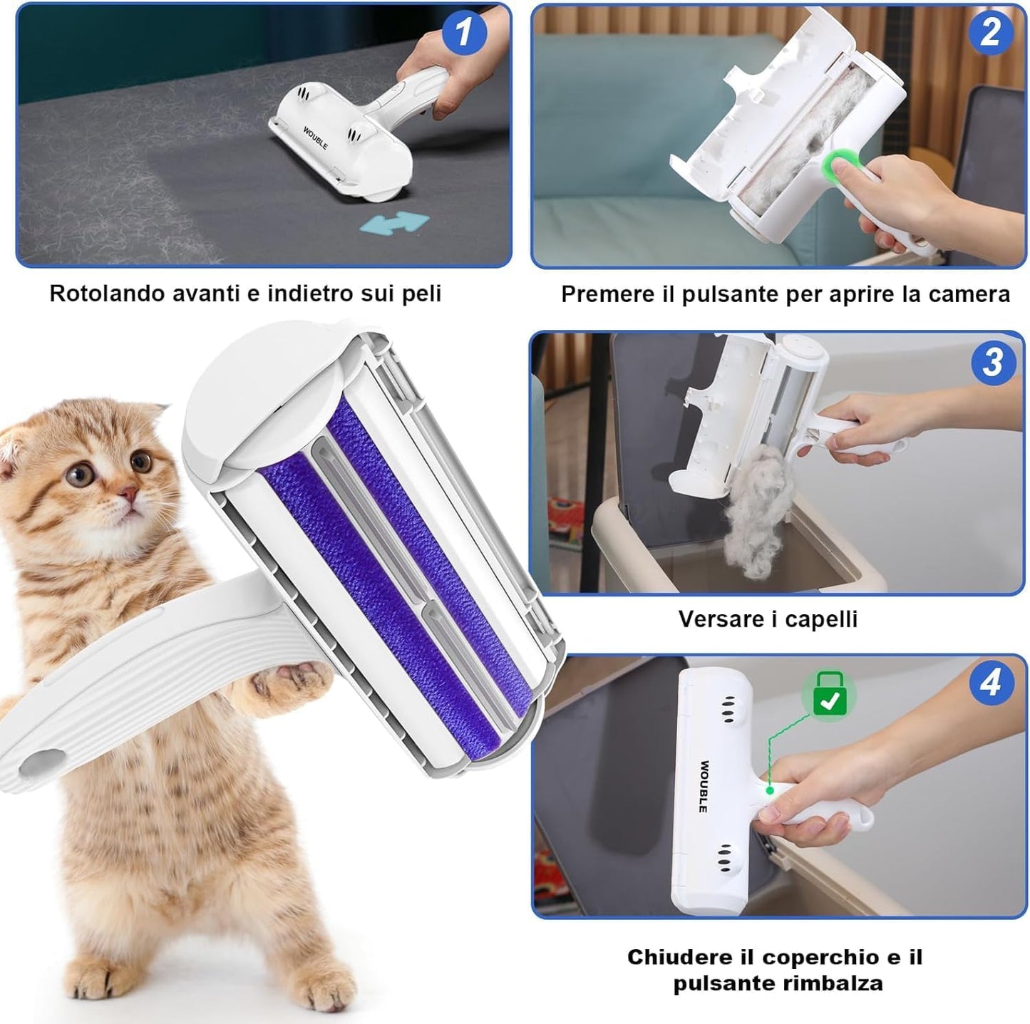 Wouble Quitapelos y Rodillos para Mascotas, Reutilizable Rodillo de Cepillo de Limpieza para Gatos y Perros, Recogedor de Pelo para Mascotas para Sofá, Ropa de Cama, Alfombras - Púrpura