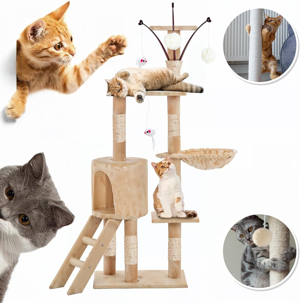 Raganet, Árbol Trepador y Rascador para Gatos, Torre de Actividades de Varios Niveles, Castillo con Escaleras, Hamaca, Cubiertas de Felpa, Seguro y Duradero de 140cm Alto X 50cm Largo (Color Beige)