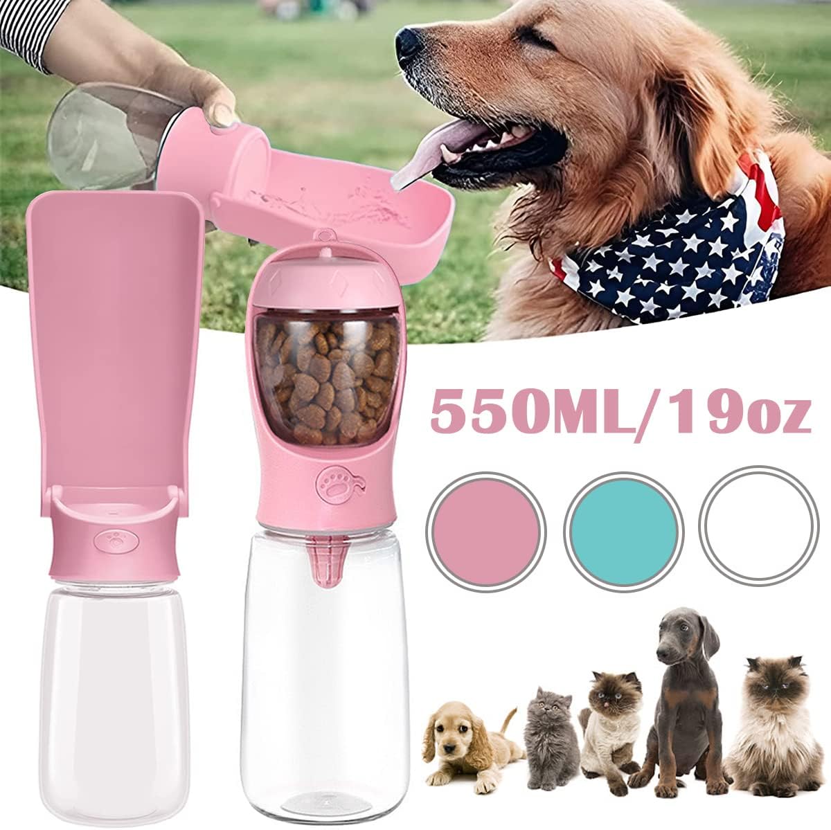 Botella de Agua para Perros, Botella de Agua Portátil Plegable Mascotas, Dispensador Agua Cachorros a Prueba Fugas con Alimentador Mascotas Caminar al Aire Libre, Senderismo Viajes (R-M-550ML)