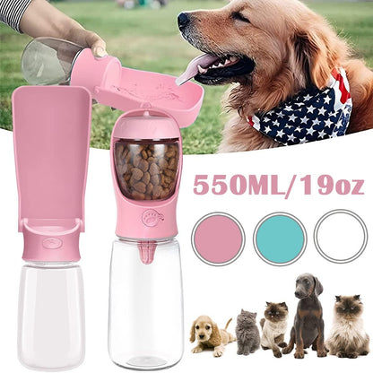 Botella de Agua para Perros, Botella de Agua Portátil Plegable Mascotas, Dispensador Agua Cachorros a Prueba Fugas con Alimentador Mascotas Caminar al Aire Libre, Senderismo Viajes (R-M-550ML)