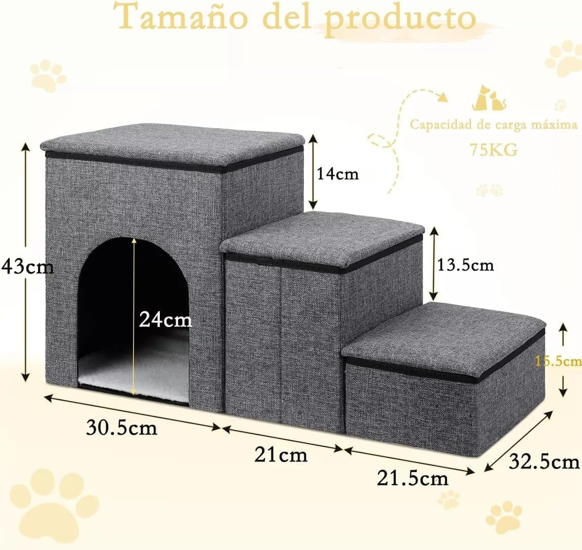 NOVAKA Escaleras para Mascotas de 3 Niveles con Rascador, Antideslizante con Almacenamiento, Robusta y Transpirable, Plegable para Gatos, Perros Mayores y con Movilidad Reducida