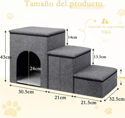 NOVAKA Escaleras para Mascotas de 3 Niveles con Rascador, Antideslizante con Almacenamiento, Robusta y Transpirable, Plegable para Gatos, Perros Mayores y con Movilidad Reducida