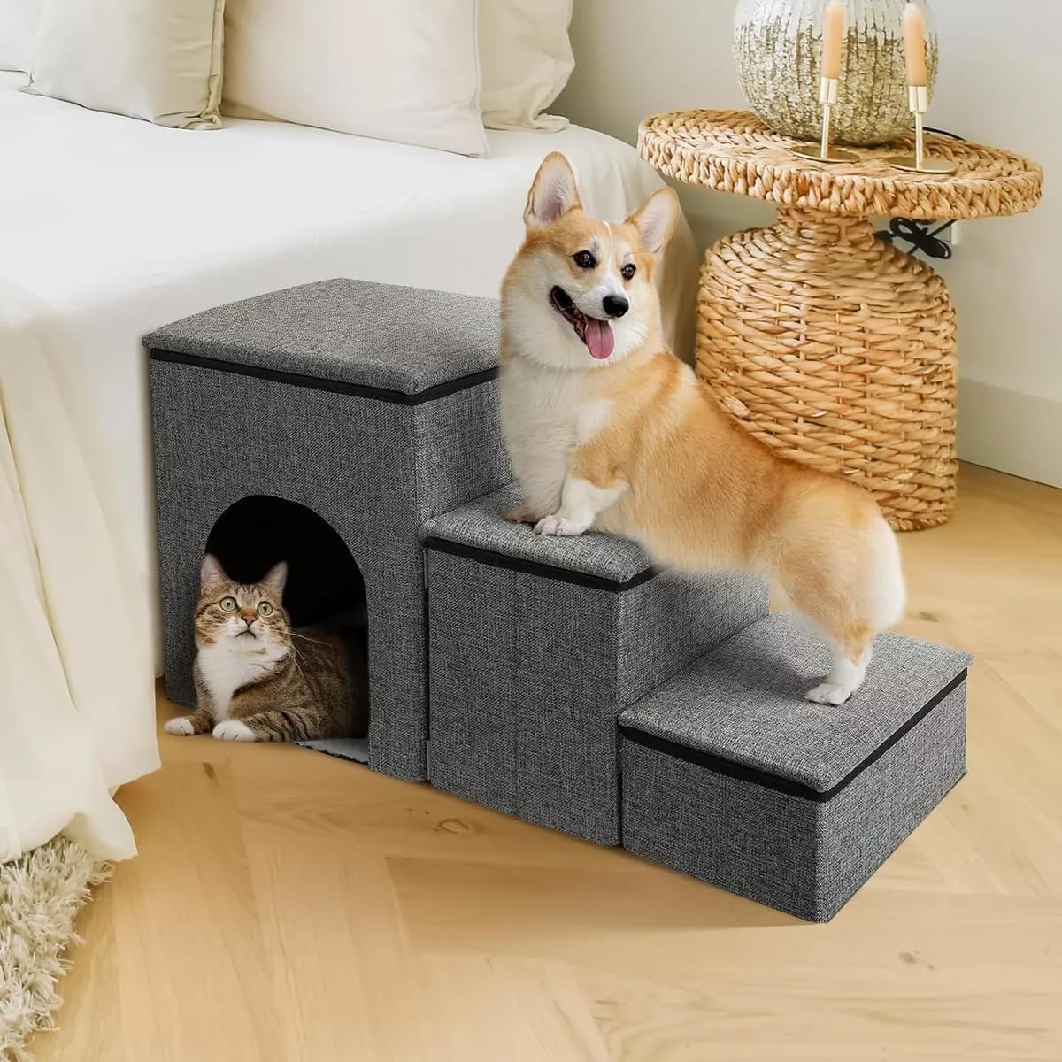 NOVAKA Escaleras para Mascotas de 3 Niveles con Rascador, Antideslizante con Almacenamiento, Robusta y Transpirable, Plegable para Gatos, Perros Mayores y con Movilidad Reducida