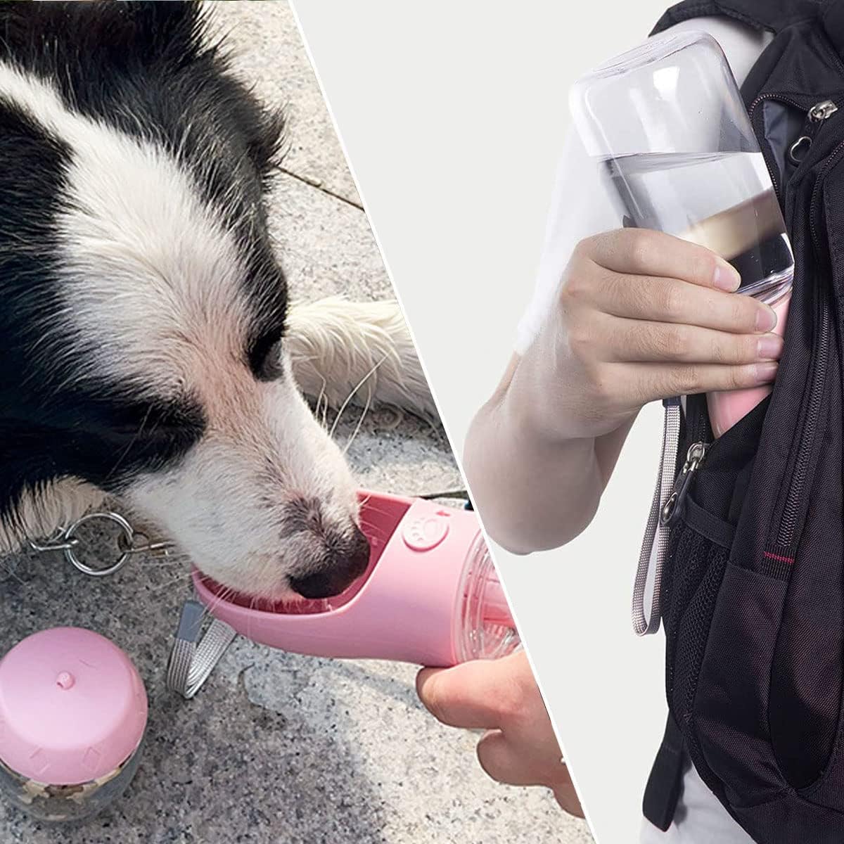 Botella de Agua para Perros, Botella de Agua Portátil Plegable Mascotas, Dispensador Agua Cachorros a Prueba Fugas con Alimentador Mascotas Caminar al Aire Libre, Senderismo Viajes (R-M-550ML)