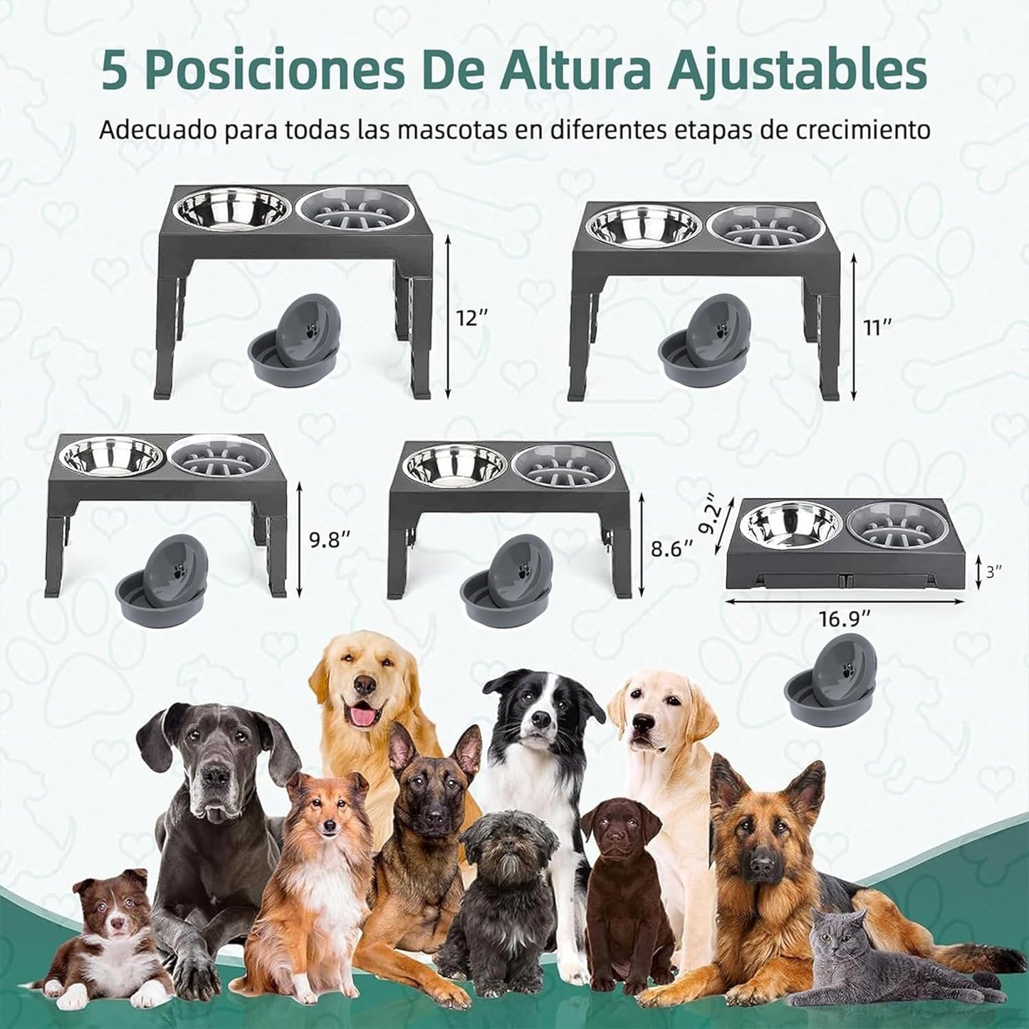 EKEJLI Cuencos elevados para Perros，Comedero Elevado para Perros con comedero Lento，Plegable，5 Alturas Ajustables，Comederos para Perros pequeño, Mediano y Grande, Gatos, Todo Tipo de Mascotas (Gris)