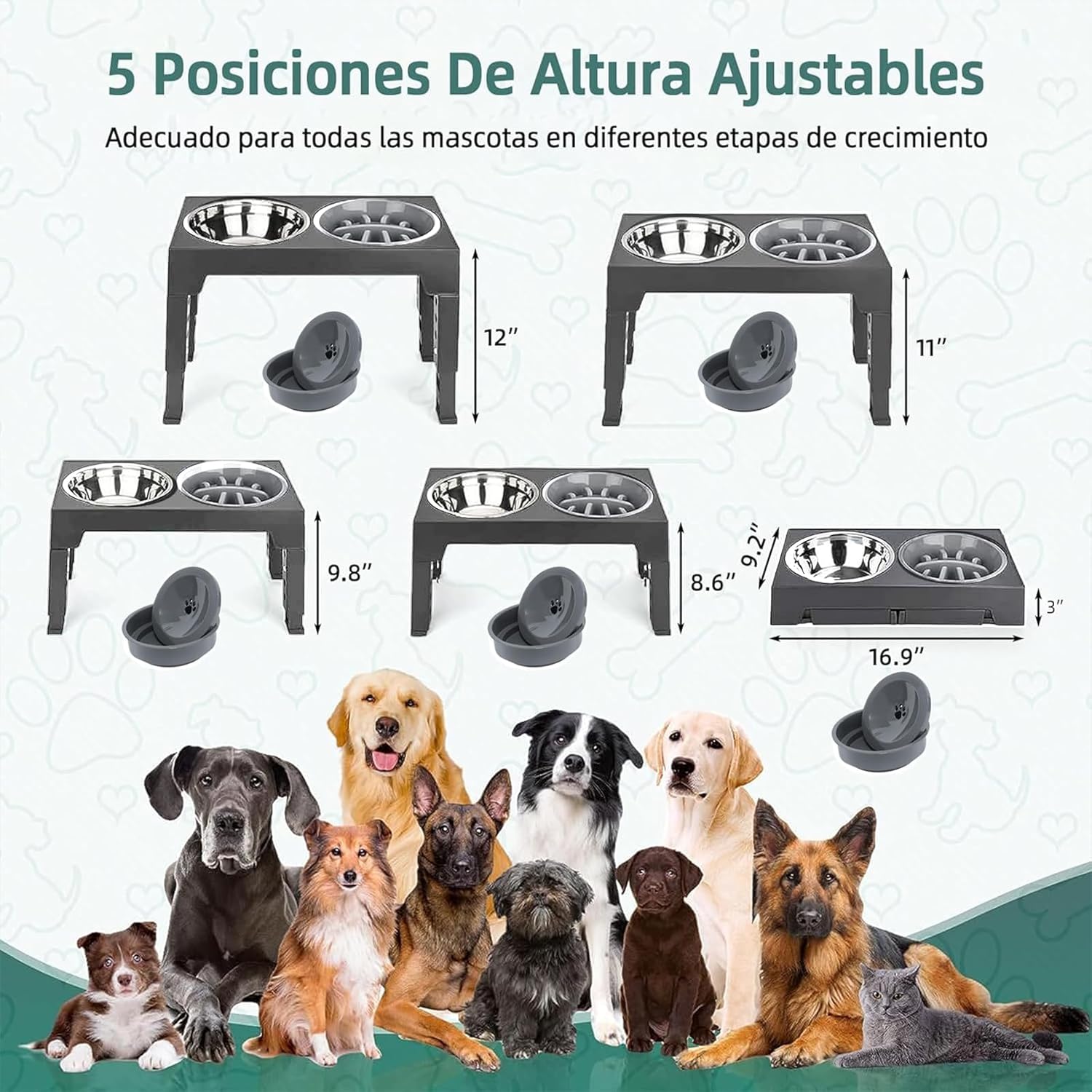 EKEJLI Cuencos elevados para Perros，Comedero Elevado para Perros con comedero Lento，Plegable，5 Alturas Ajustables，Comederos para Perros pequeño, Mediano y Grande, Gatos, Todo Tipo de Mascotas (Gris)