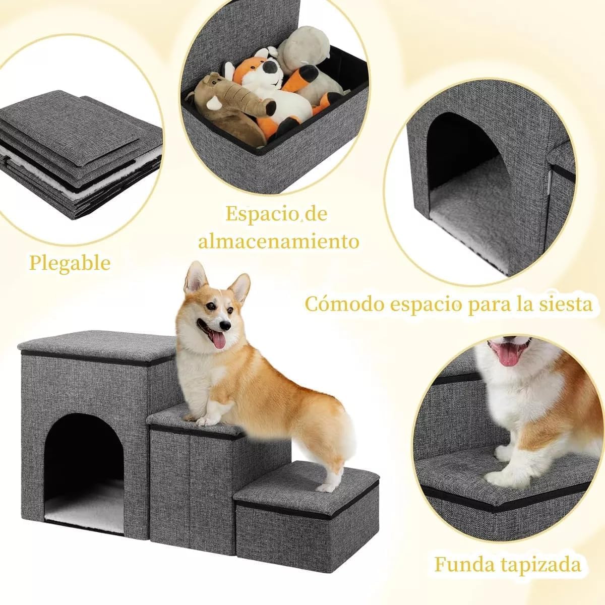 NOVAKA Escaleras para Mascotas de 3 Niveles con Rascador, Antideslizante con Almacenamiento, Robusta y Transpirable, Plegable para Gatos, Perros Mayores y con Movilidad Reducida