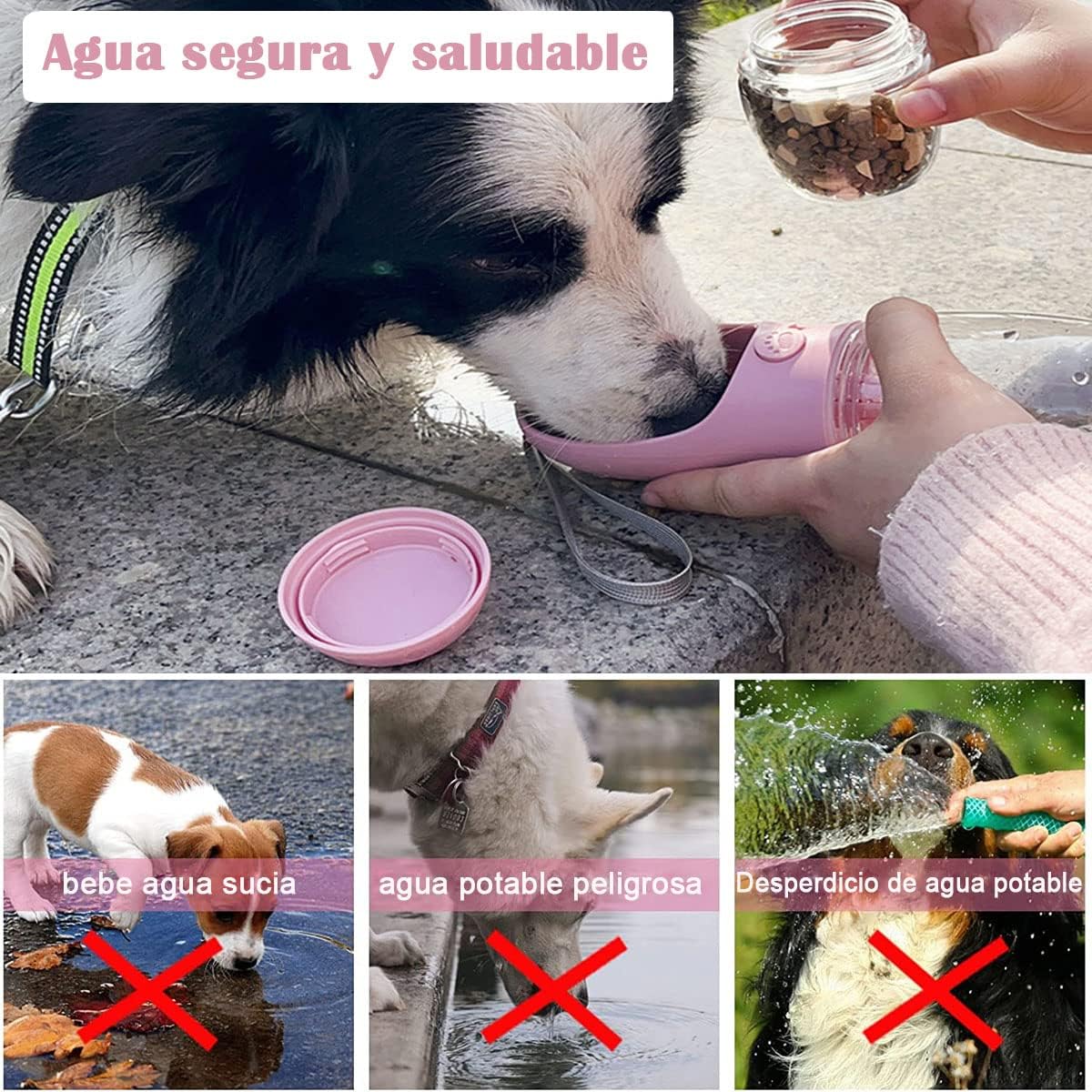 Botella de Agua para Perros, Botella de Agua Portátil Plegable Mascotas, Dispensador Agua Cachorros a Prueba Fugas con Alimentador Mascotas Caminar al Aire Libre, Senderismo Viajes (R-M-550ML)