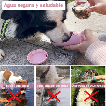 Botella de Agua para Perros, Botella de Agua Portátil Plegable Mascotas, Dispensador Agua Cachorros a Prueba Fugas con Alimentador Mascotas Caminar al Aire Libre, Senderismo Viajes (R-M-550ML)