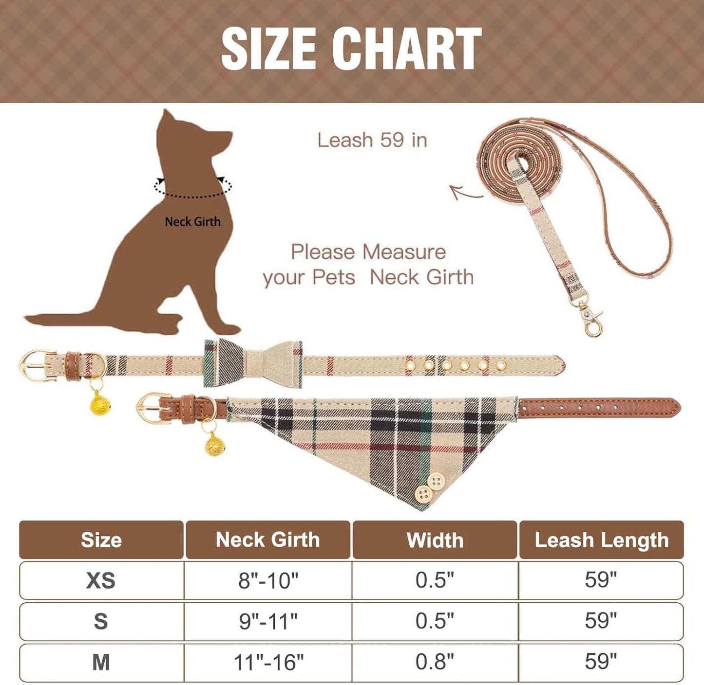 Juego de collar y correa para perros pequeños, collar de correa para cachorros, diseño clásico a cuadros, tamaño ajustable con campana dorada, perfecto para razas pequeñas y niños