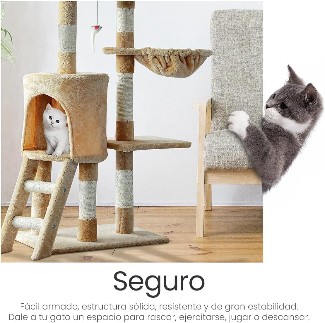 Raganet, Árbol Trepador y Rascador para Gatos, Torre de Actividades de Varios Niveles, Castillo con Escaleras, Hamaca, Cubiertas de Felpa, Seguro y Duradero de 140cm Alto X 50cm Largo (Color Beige)