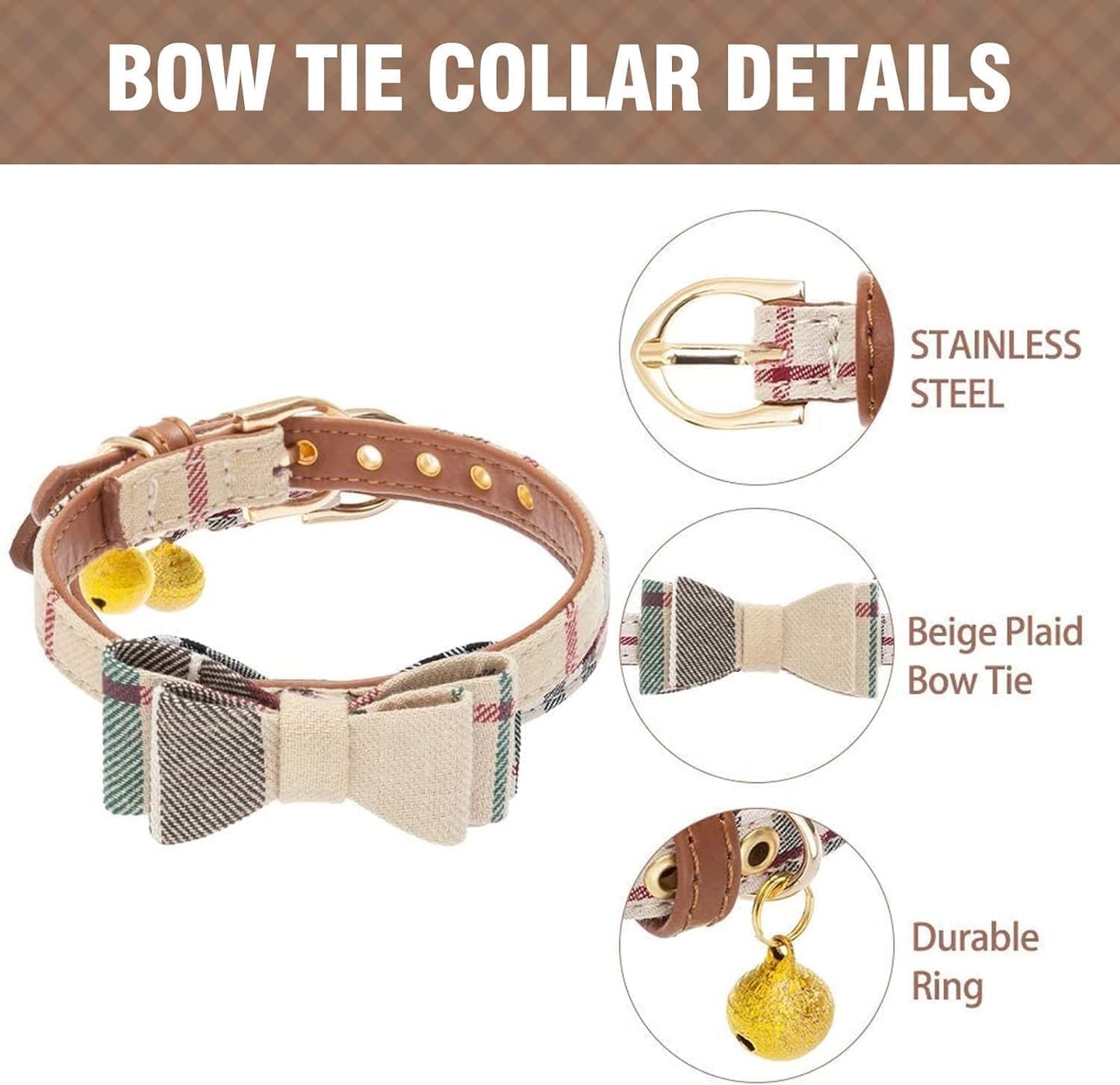 Juego de collar y correa para perros pequeños, collar de correa para cachorros, diseño clásico a cuadros, tamaño ajustable con campana dorada, perfecto para razas pequeñas y niños