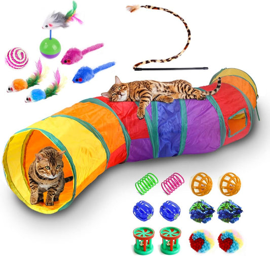 Raganet, Kit de 20 Juguetes para Gato, Incluye Túnel de 120cm, Palo Guía, Pelotas, Ratones y Mas