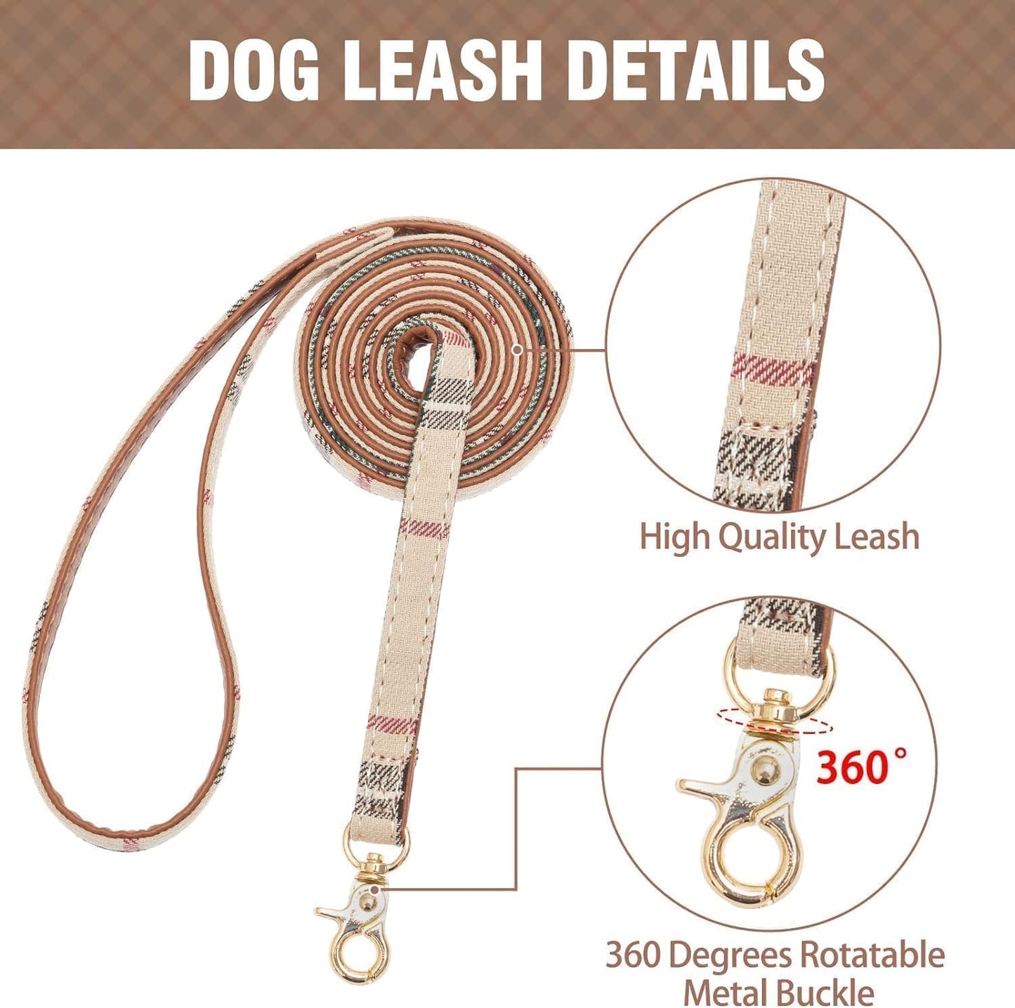 Juego de collar y correa para perros pequeños, collar de correa para cachorros, diseño clásico a cuadros, tamaño ajustable con campana dorada, perfecto para razas pequeñas y niños
