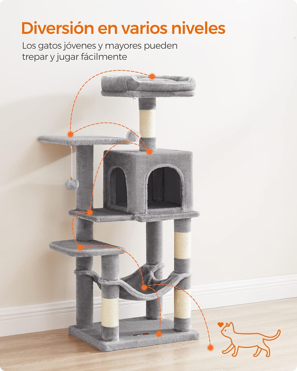 Feandrea Árbol para Gatos, Torre de Gatos, Altura 112 cm, 4 Postes, 2 Plataformas, 1 Cueva, 1 Hamaca, 2 Pompones, Gris Claro MPCT261W01