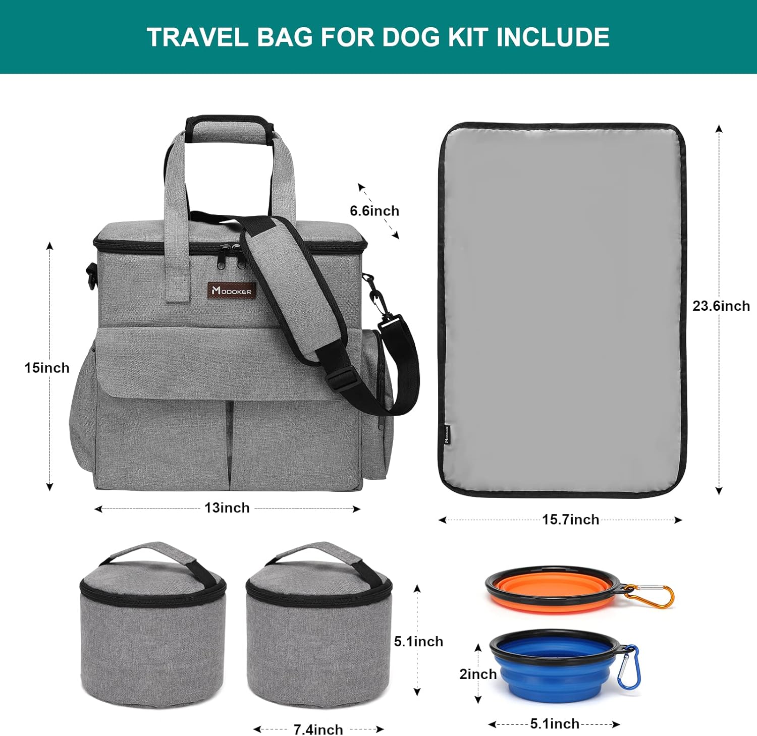 Modoker - Bolsa de viaje para perro, juego de viaje para perros y gatos para fin de semana, bolsa organizadora con bolsillos multifuncionales (gris)